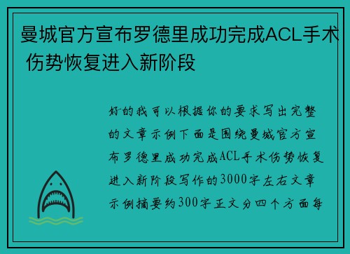 曼城官方宣布罗德里成功完成ACL手术 伤势恢复进入新阶段 曼城官方宣布罗德里成功完成ACL手术 伤势恢复进入新阶段
